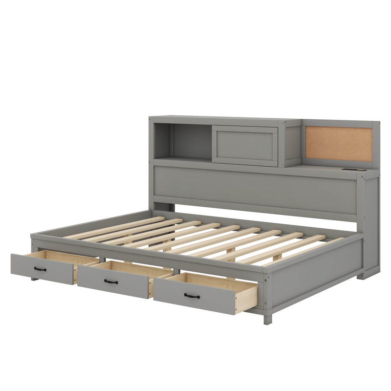 Jacksten Wooden Daybed With 3 Drawers, Upper Soft Board, Shelf, Sockets And USB Ports, Gray, Full