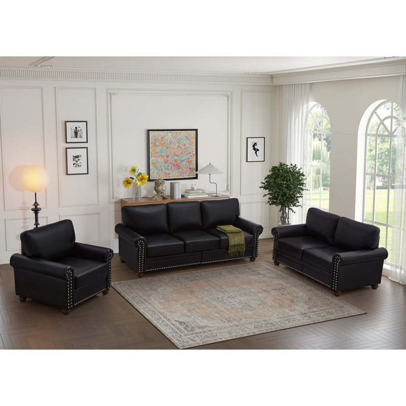 Canapé modulaire en similicuir noir 1 + 2 + 3 avec rangement, salon, canapé à clous argentés, support confortable et rangement: pour la chambre