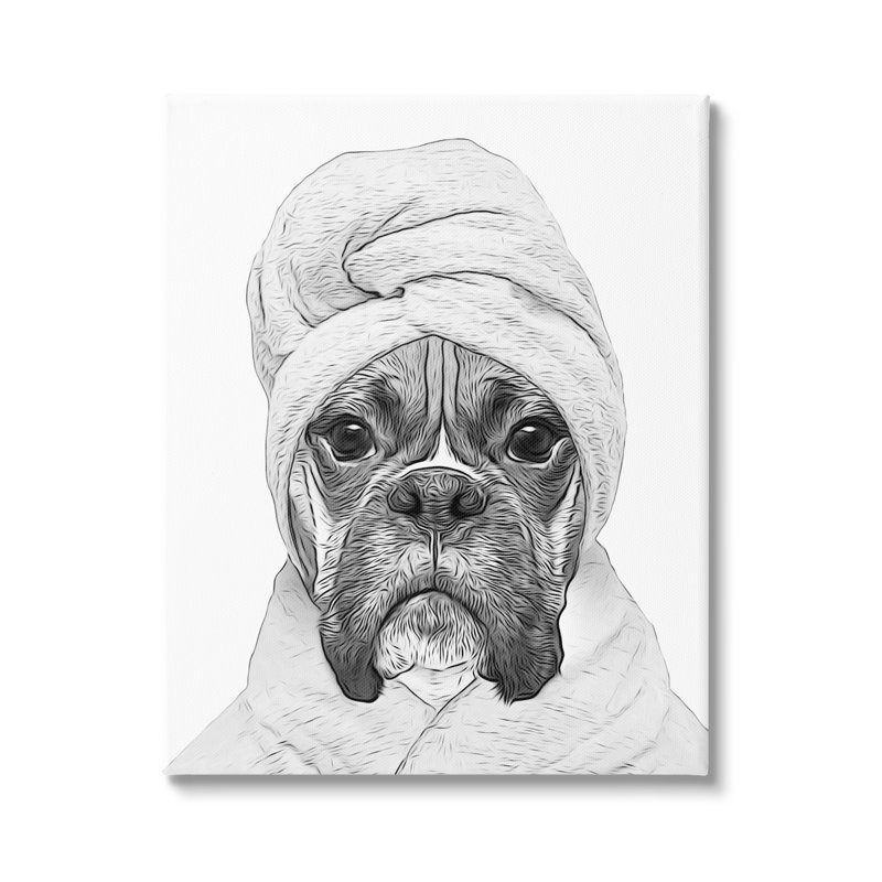Chien dans un peignoir, animal de compagnie rigolo sur toile, H 48 po x l 36 po x P 1,5 po
