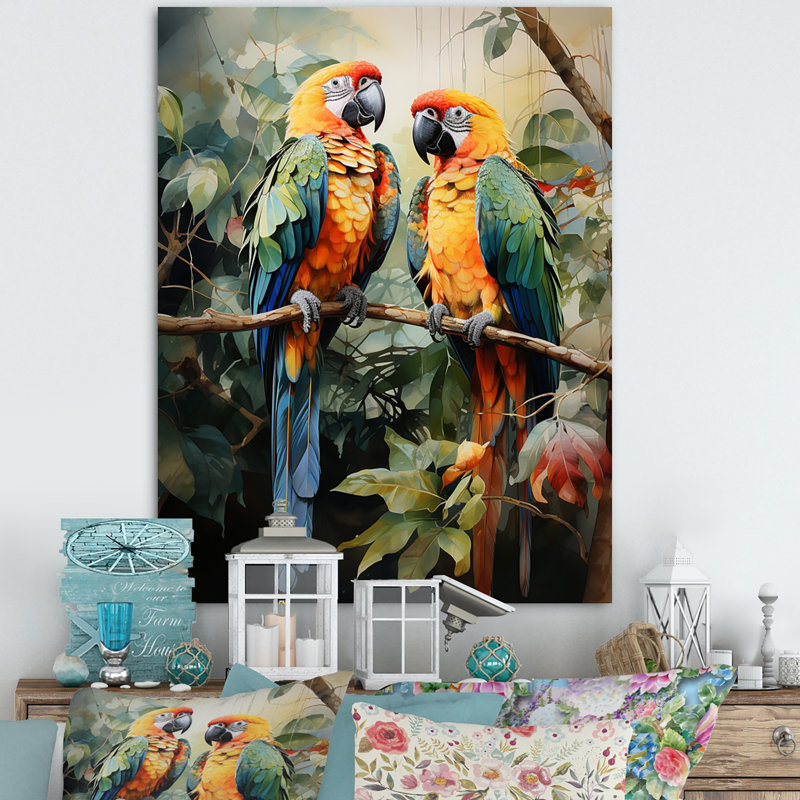 Deux perroquets sur une branche III - reproduction, H 20 po x l 12 po, Toile tendue