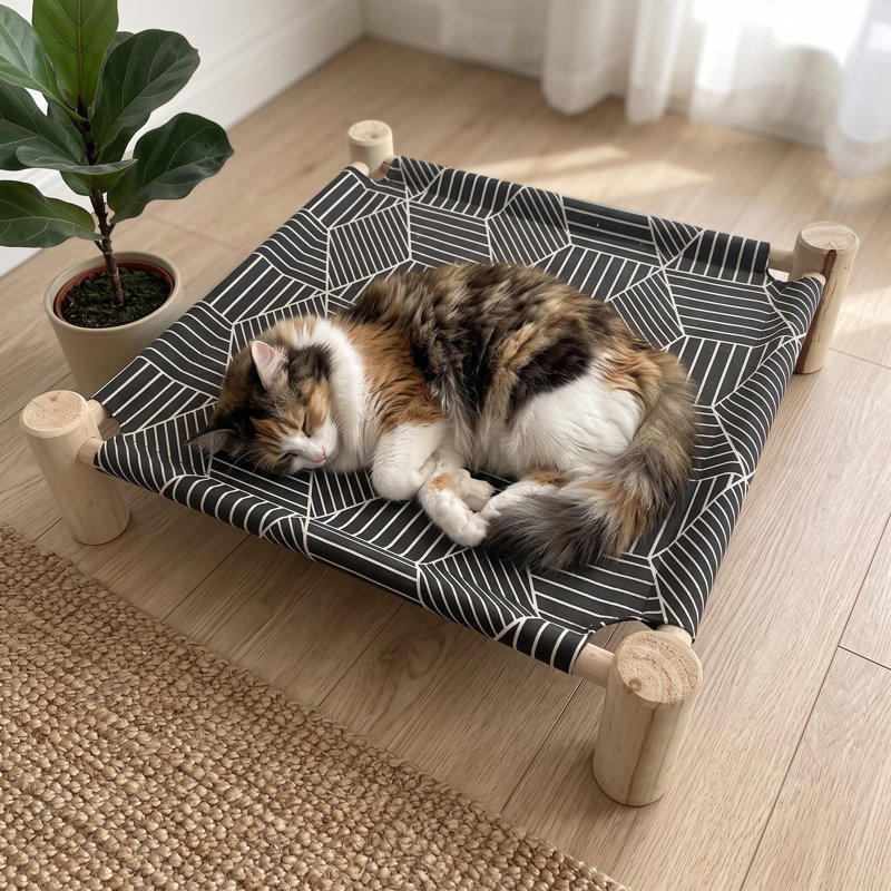 Lit surélevé portatif en maille respirante pour animaux de compagnie, cadre de repos surélevé en bois pour chatons, chiots et petits animaux de compagnie, motif diamant noir, utilisable à l'intérieur comme à l'extérieur