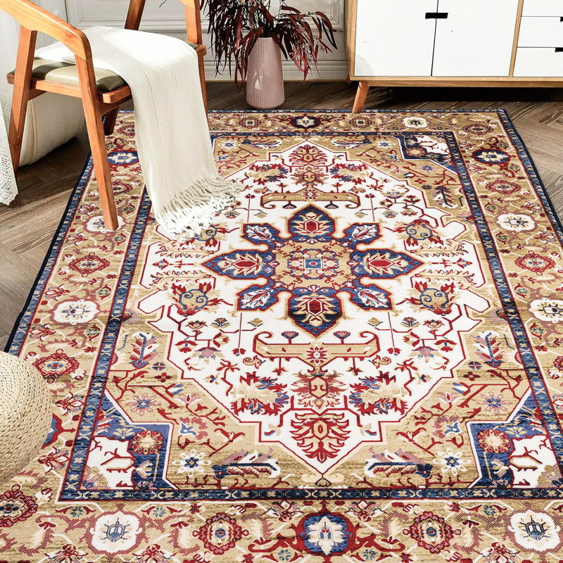 Large Area Rug 6X9, Non-Slip, Washable, Blue/Gold Vintage Bohemian For Living Room 6X9 , Machine Bedroom, Kitchen