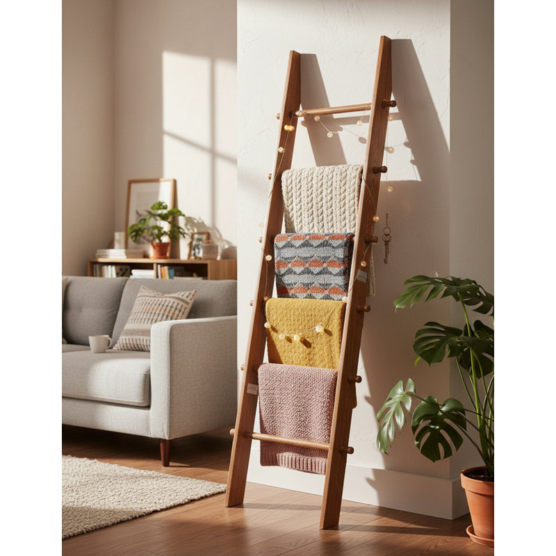 Rustic 6-Tier Wood Blanket Ladder, Honey Brown