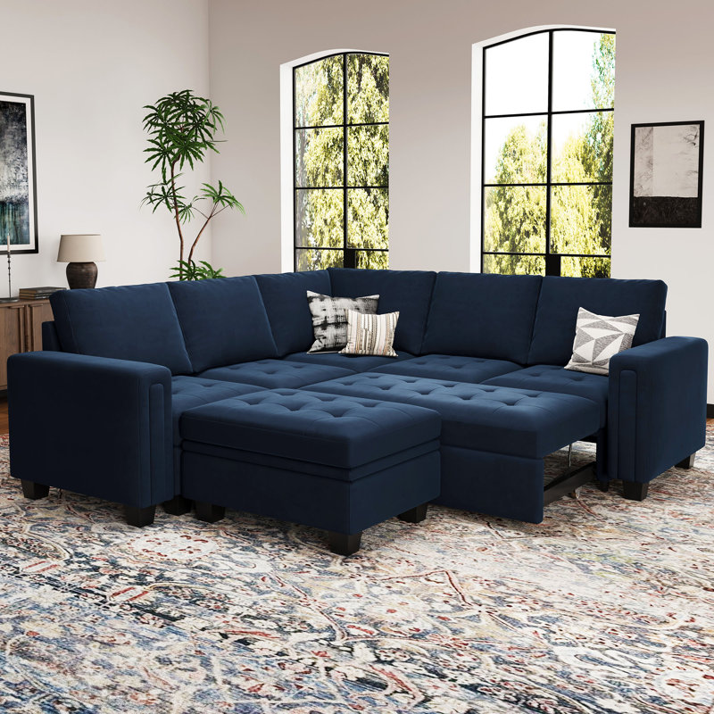 Modular Velvet Pull Out Bed With Storage Ottoman For Living Room Bedroom Apartment, Blue Velvet