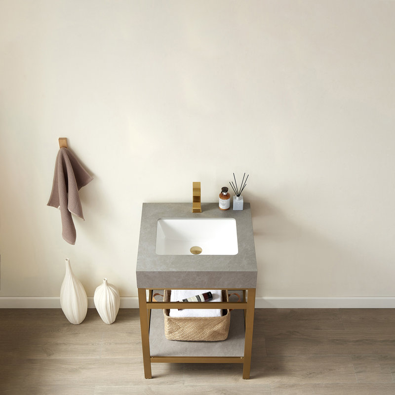 24'' Single Bathroom Vanity with Stone Top, Brushed Gold, Brushed Gold, Limestone Slab Stone