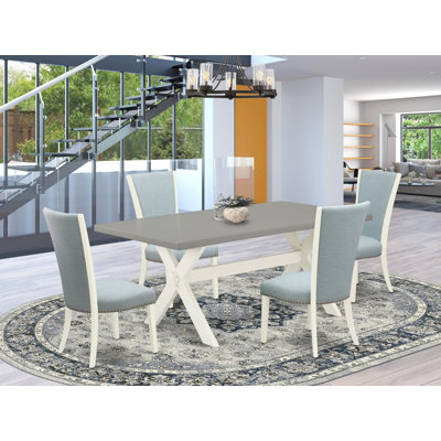 L'ensemble de table de salle à manger 5 pièces pour 4 personnes comprend une table de cuisine rectangulaire avec pieds en X et 4 chaises rembourrées en tissu bleu lin, lin brossé blanc 