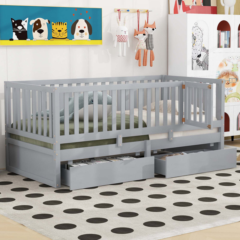 Daybed with Fence Guardrails and 2 Drawers, Twin, Grey