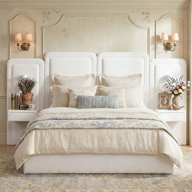 3-Piece Bedroom Set: Queen Velvet Pneumatic Lift Storage Bed with Floating Nightstands & LED Lights, White, Queen