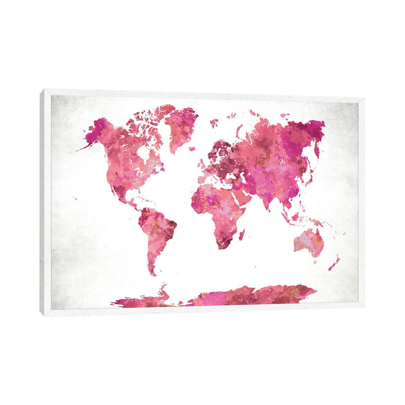 World Map Pink by WallDecorAddict - Gallery-Wrapped Canvas Giclée on Canvas, 66.04 cm H x 45.72 cm W, White Framed Canvas