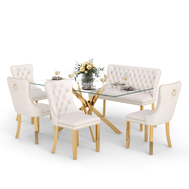 Ensemble de salle à manger de luxe avec banc et chaises en velours touffeté à la main, table en verre trempé de 8 mm, mobilier moderne pour la salle à manger