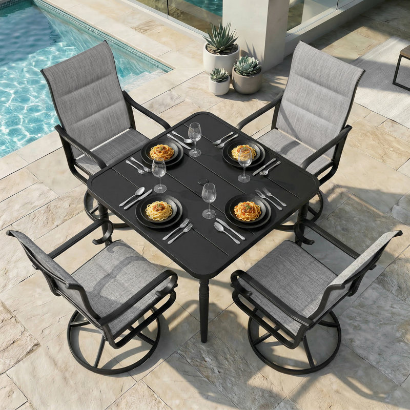 5-piece Padded Textilene Patio Dining Set With Umbrella Hole, Swivel Design, 28.7" H x 37" W x 37" D, Gray
