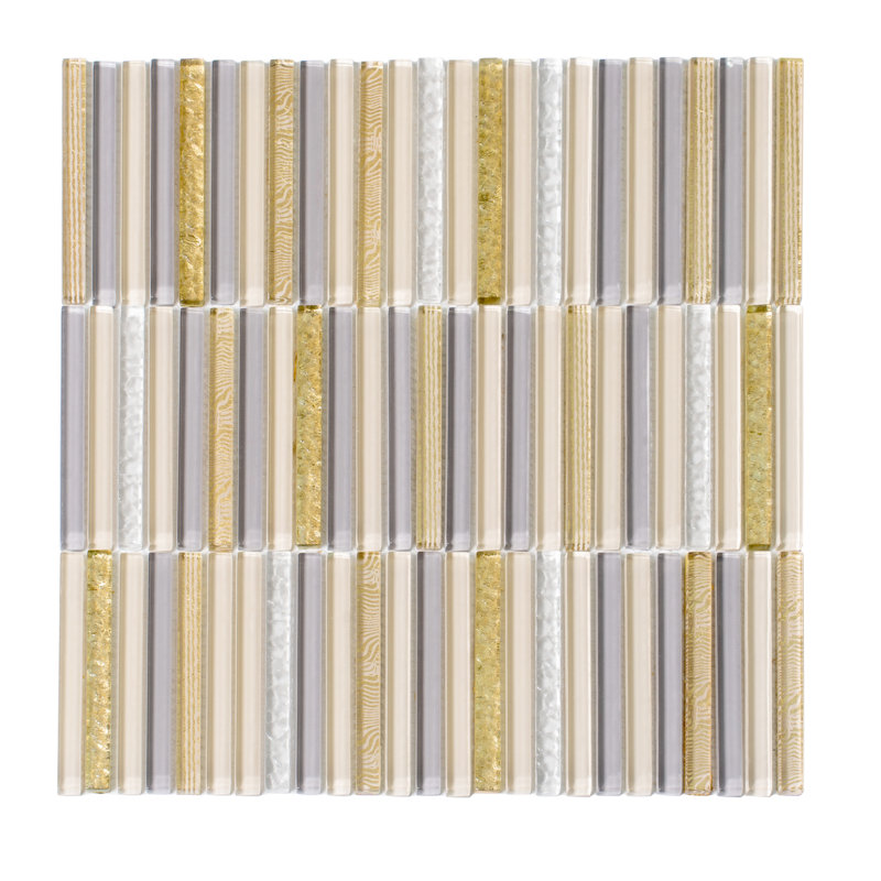 11.8" X 11.8" Glass Mosaic Tile, Beige/Gold
