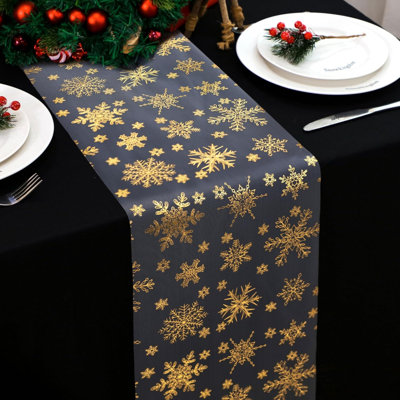 2PCS Gold Christmas Snowflake Glitter Table Runner 108 Inch | Metallic foil sheer mesh accent for seasonal winter festivals, kitchen dining, indoor outdoor home celebrations