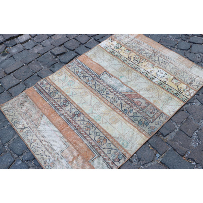 Tapis rétro orange en patchwork Oushak, parfait pour le vestibule