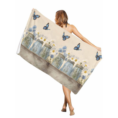 Serviette de plage rétro à fleurs bleues et papillons, grande taille, séchage rapide, absorbante et douce, sans sable, 76 x 152 cm. Un sac en toile assorti à la serviette de plage vous sera offert.