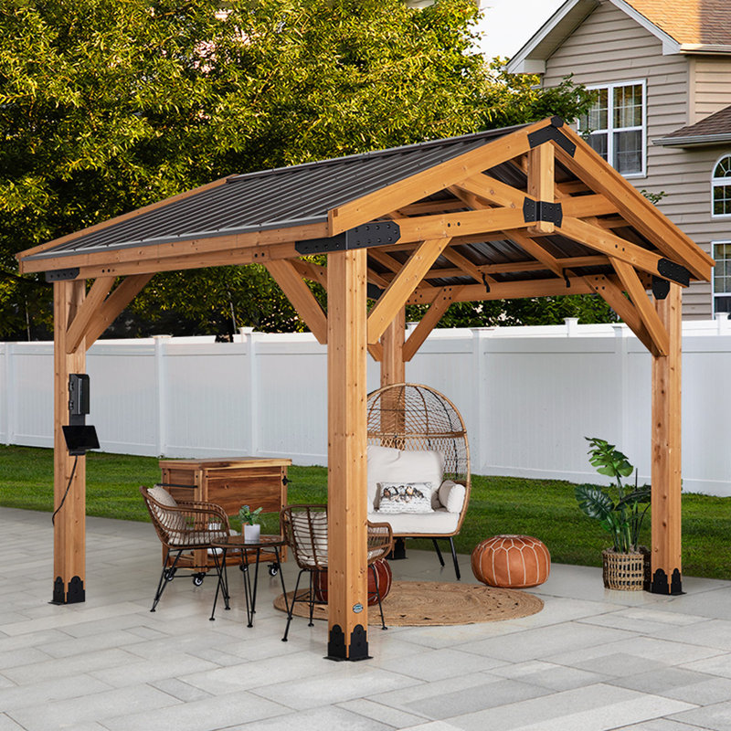 Backyard Discovery Norwood 12' x 10' Cedar Wood Outdoor Patio Gazebo with Hardtop Galvanized Steel Peak Roof and PowerPort