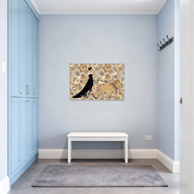 Animaux, fond floral, reine avec lion