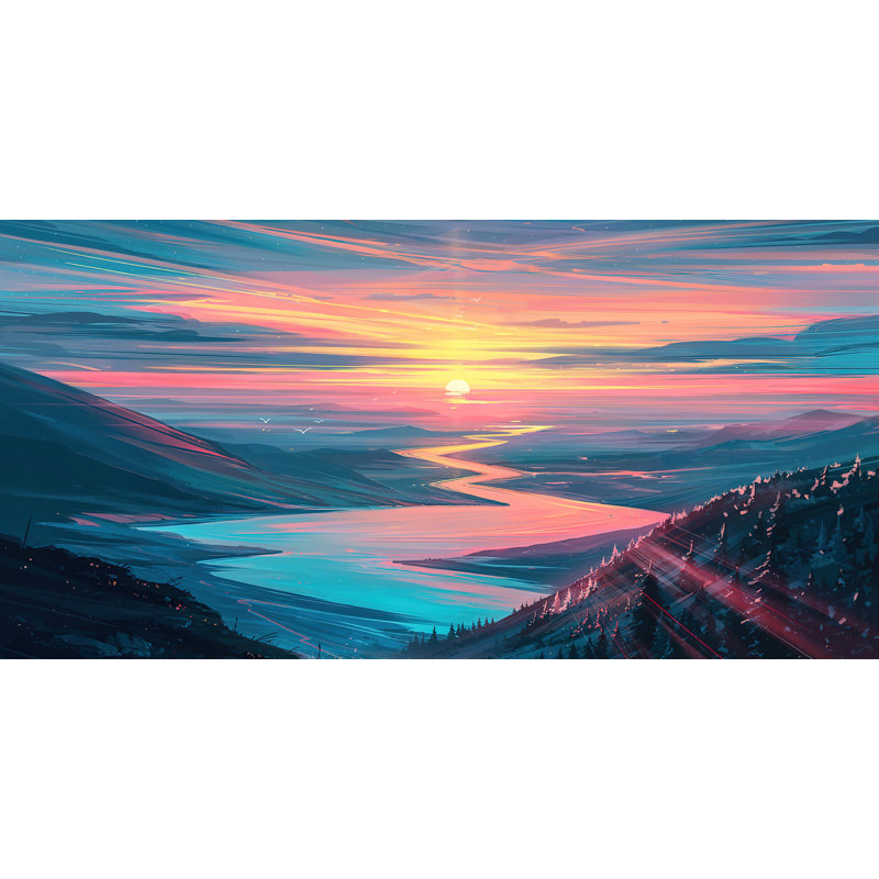 Coucher de soleil sur une rivière, H 15 po x l 30 po x P 1,5 po, Papier