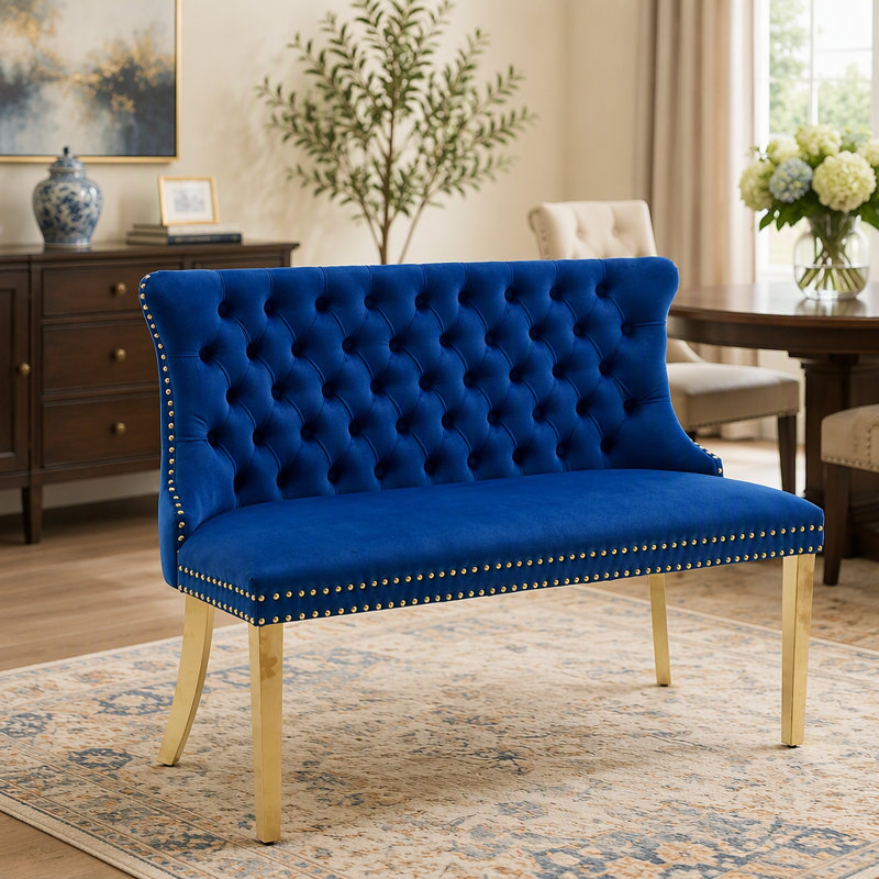 Velvet Upholstered Bench, Bleu, Doré