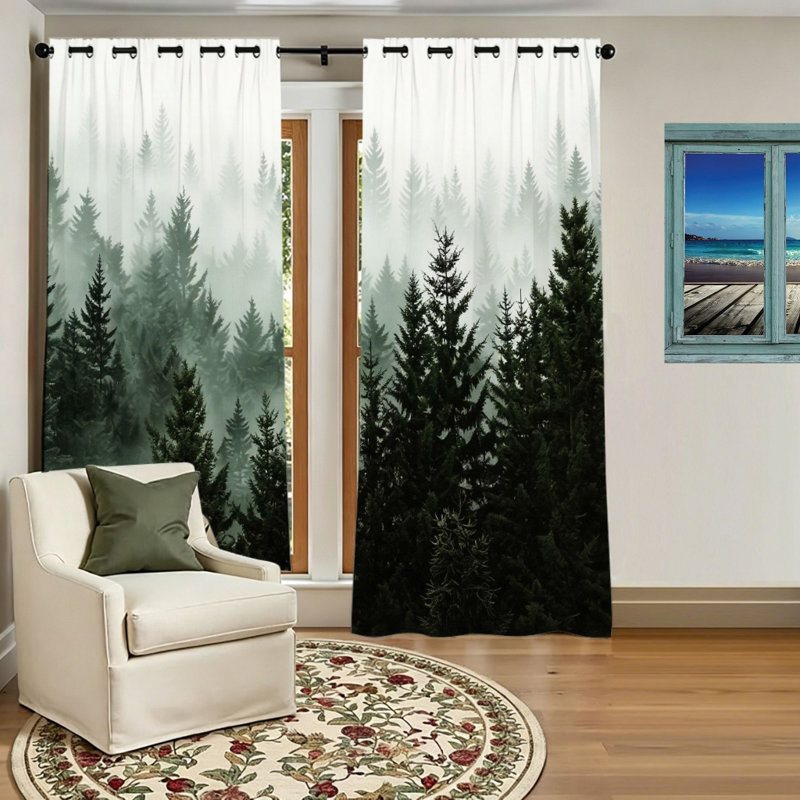 2Pcs Forest Tree Mist Blackout Curtains, Nature Landscape Window Drapes for Living Room Bedroom Home Decor, 53*91inch*2pcs