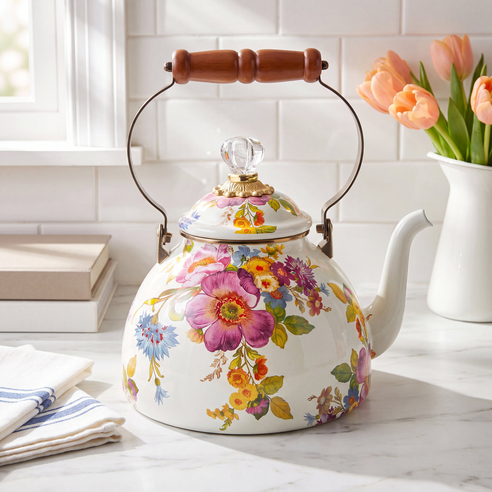 MacKenzie-Childs Flower Market 3qt Kettle, White/Purple/Yellow/Brown
