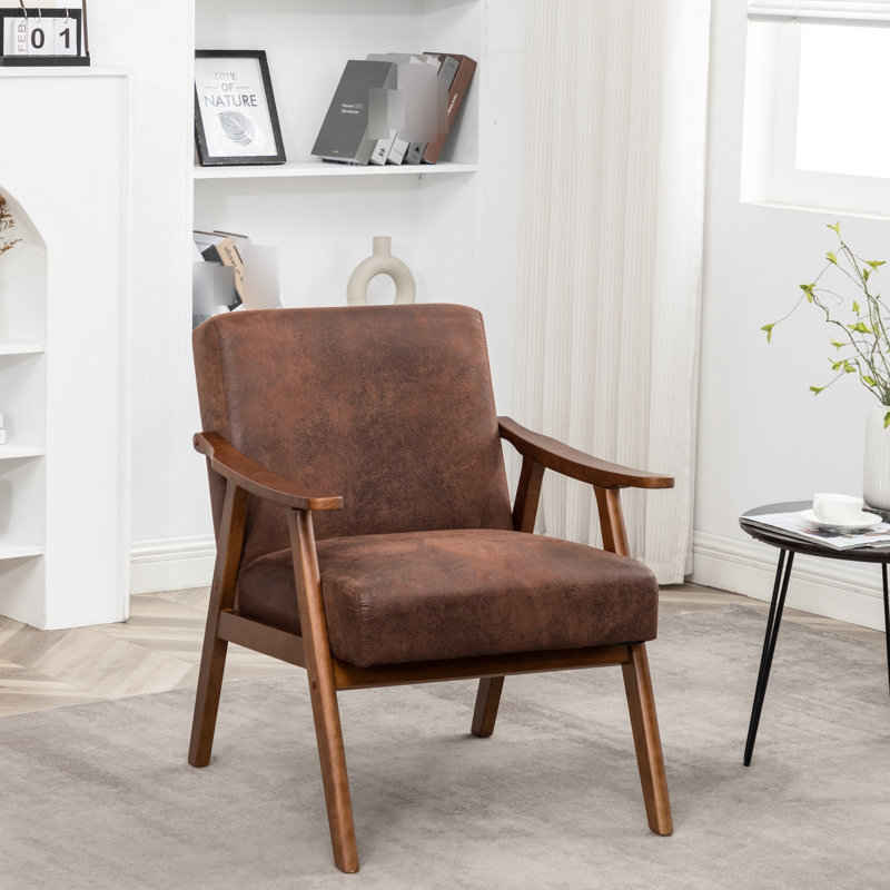 Chaise d'appoint Mid-Century moderne, microfibre brune pour chaise de chambre à coucher confortable, microfibre, structure en bois massif