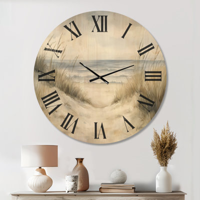 Quiet Dune Path I - Grande horloge murale beige de style côtier, imprimée sur bois