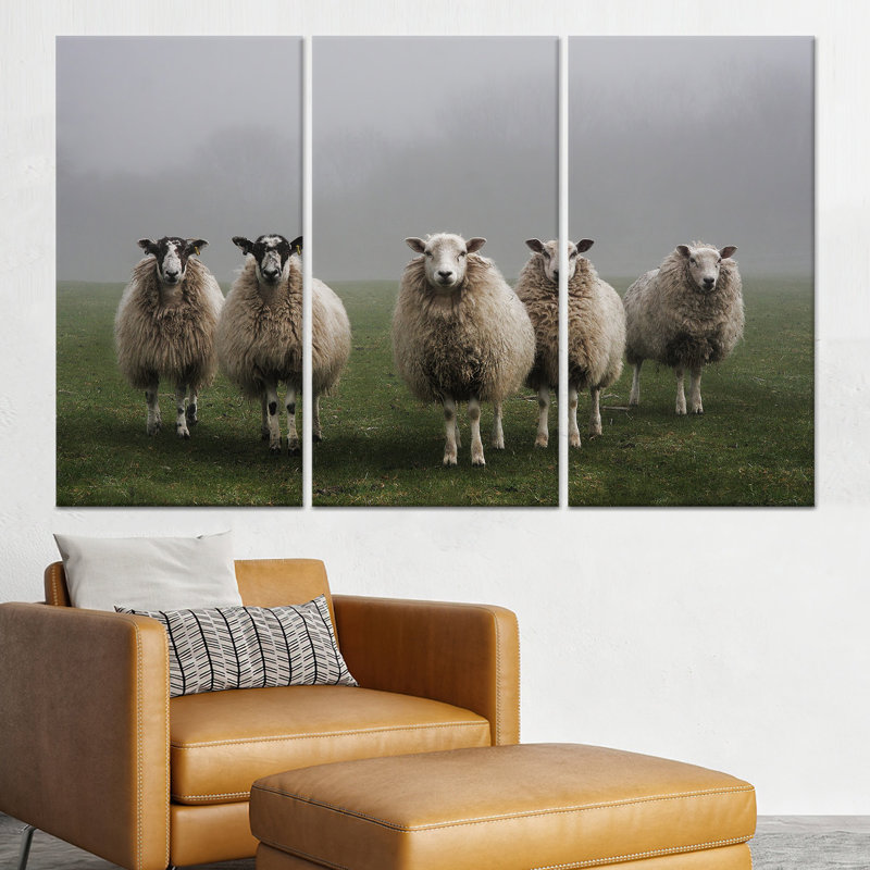 Impression sur toile: Art mural mouton élégant - décor de ferme, toile tendue 3P, H: 27,6 po x l: 59,1 po