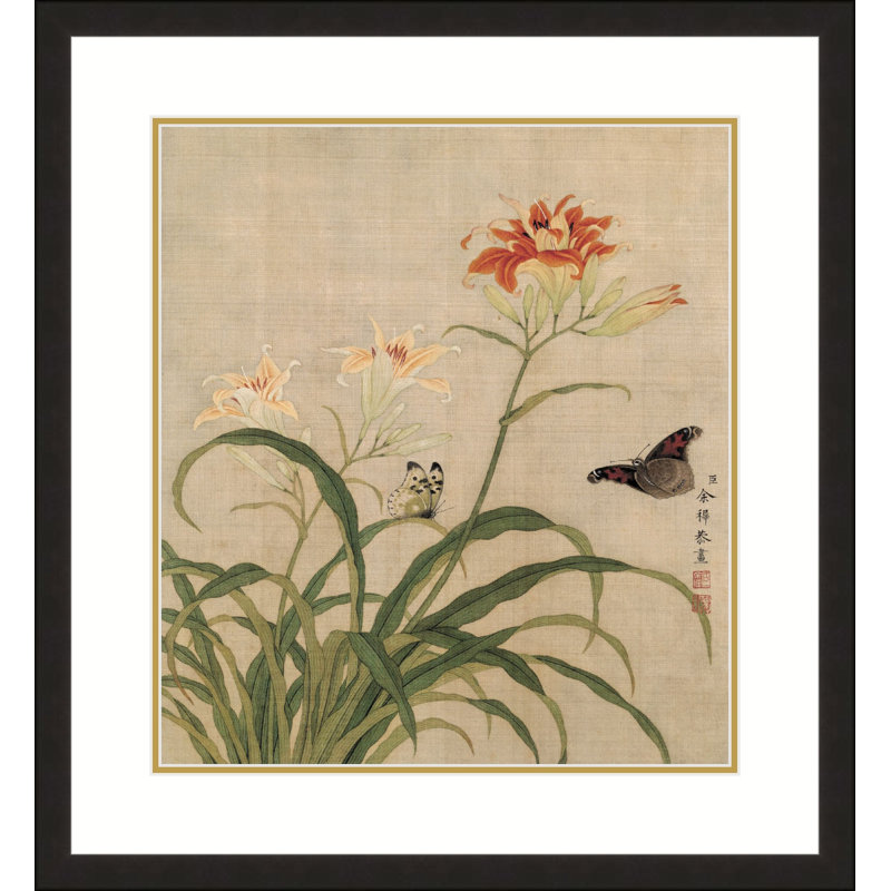 Daylilies and Butterflies by Yu Zhi - Single Picture Frame Print on Paper, 17.5" H x 13.5" W