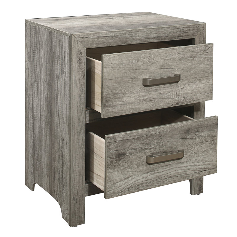 Table de chevet en faux placage de bois pour chambre à coucher, finition grise, 2 tiroirs, table d'appoint de chambre à coucher décorative en nickel plaqué, gris, tiroirs avec poignées