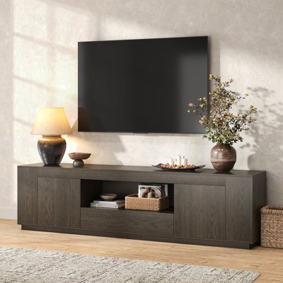 Meuble télé en bois pour salon, 78 pouces, brun noyer. Meuble multimédia de style milieu du siècle avec rangement, grand meuble télé pour téléviseurs jusqu'à 85 pouces.