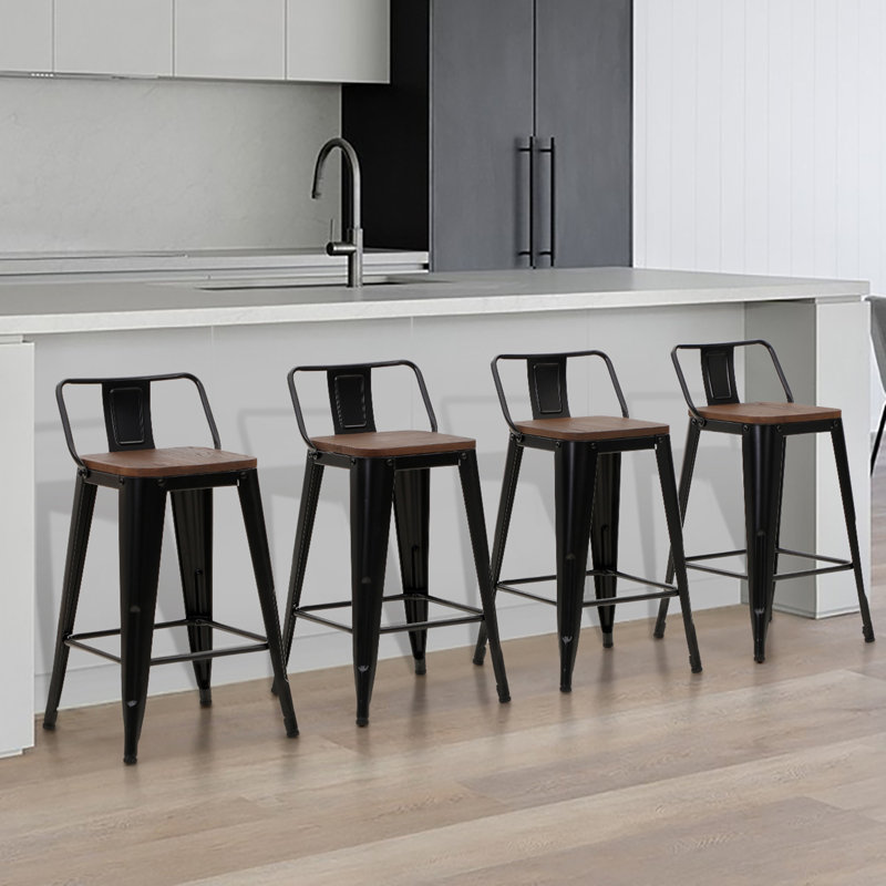 Solid Wood Counter Stool with Steel Frame, Black