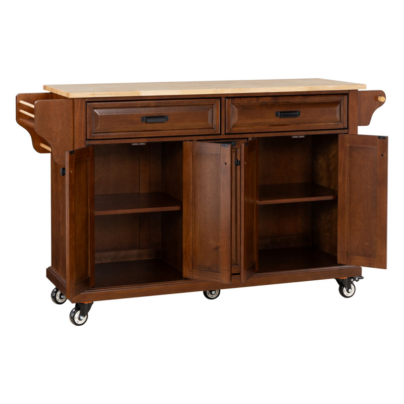 Shadae Kitchen Island with Rubber wood Countertop, Kitchen Cart on 5 Wheels with Storage Cabinet, Brown