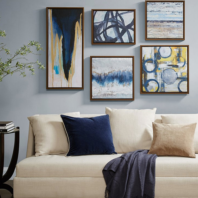 5 bleus, gris, jaunes, art abstrait avec des cadres de conception merveilleuse dans une galerie exquise
