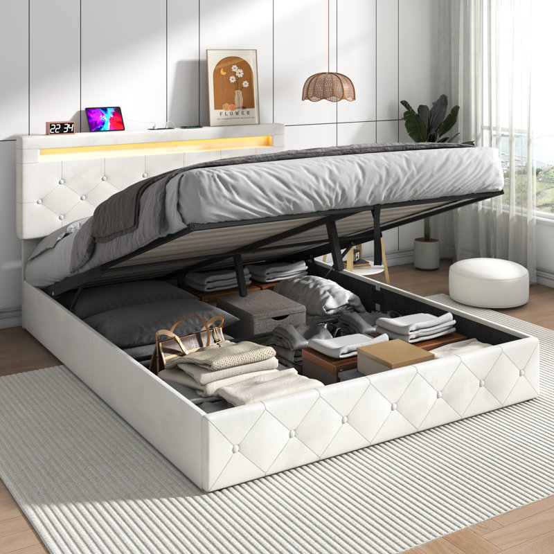 Lit plateforme tapissier avec rangement à DEL Keshandra, Grand, Beige