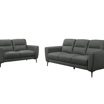 Anthracite Gray Top Grain Leather 2Pc Sofa Set Sofa And Loveseat Contemporary Living Room Furniture Full Leather Couch