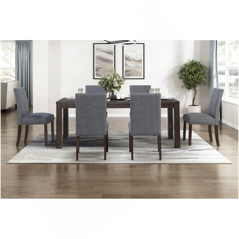 Ensemble de salle à manger classique 7 pièces avec finition brun foncé et 6 chaises d'appoint rembourrées gris