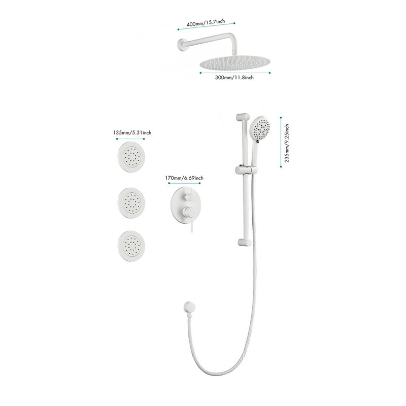 Système de douche avec pomme de douche, douche à main, barre coulissante, jets de corps, bras de douche, tuyau, garniture de valve et poignées à levier