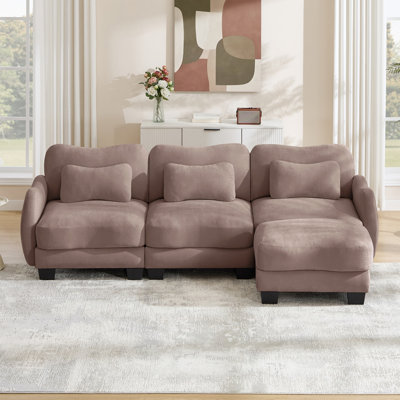 Canapé en L Chenille avec 1 repose-pieds mobile, canapé modulaire surdimensionné à 3 places avec 3 coussins de taille exquise, conception ergonomique, canapé modulaire facile à assembler pour le bureau du salon