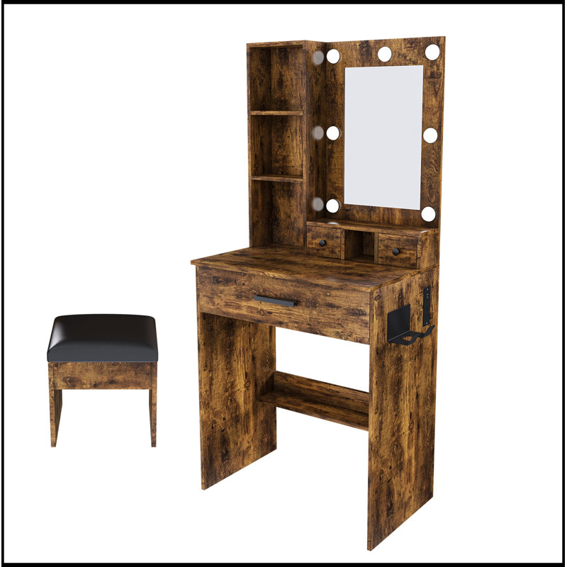 Table de coiffeuse avec miroir, lumières DEL réglables, prise de courant, support pour sèche-cheveux et tabouret, Brun