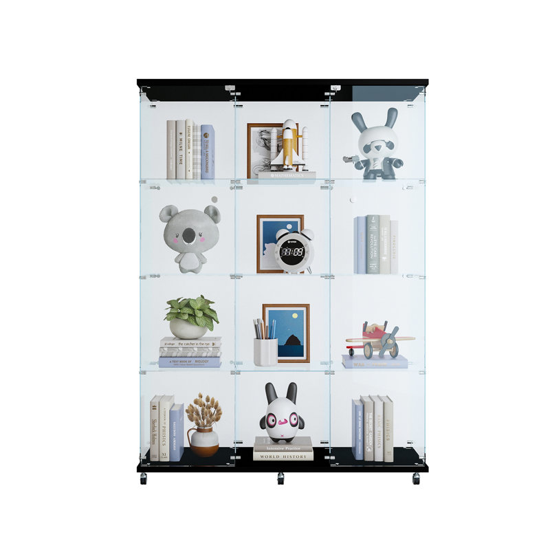 Vitrine à 3 portes avec 4 tablettes en verre, Noir