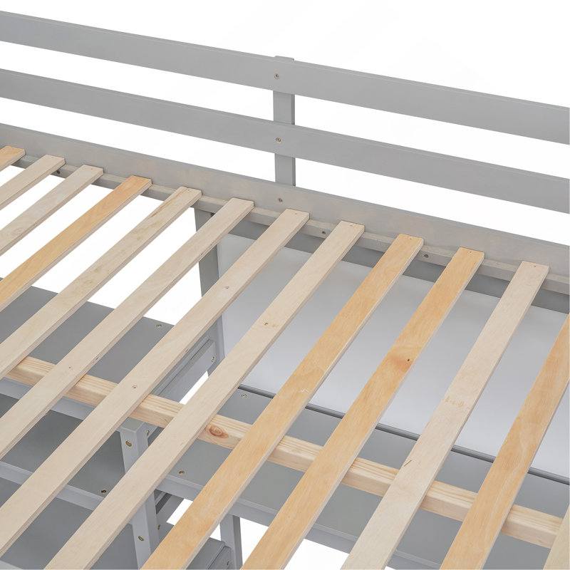 Lit mezzanine double en bois avec tablettes, bureau et tableau d'écriture, Lit double, Gris