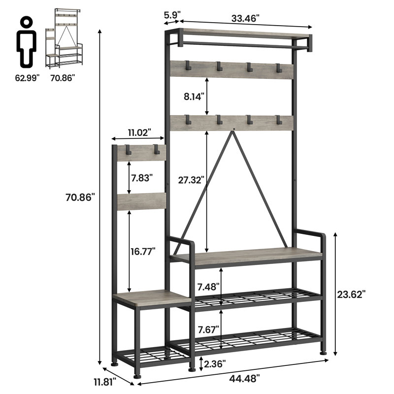 Coat Rack with Shoe Storage Bench, Coat and Shoe Rack with 3-Tier Storage Bench, 5-in-1 Hall Tree with Hooks, Hanging Bar, Storage Cubbies & Top Shelf for Bedroom, Hallway Living Room