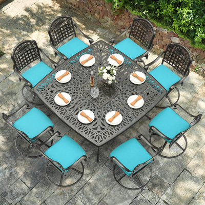 Canora Grey 9-piece Outdoor Dining Furniture Set, Cast Aluminum Patio Table & Chairs Set For 8, Include Large 63.98" Square Dining Table And 8 Swivel Rocker Chairs With Umbrella Hole