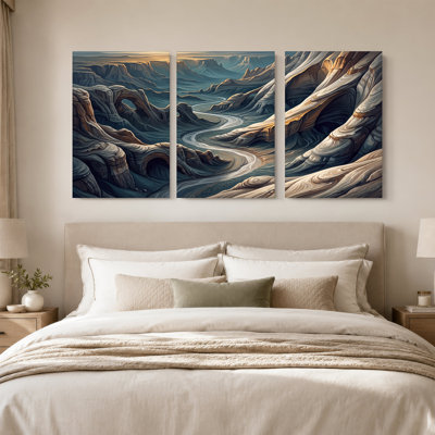 «Winding River Through Layered Blue and Tan Rock Canyons», ensemble de 3 toiles murales