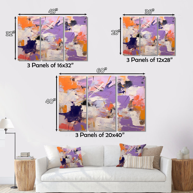 " Poetic Expressionism In Purple And Orange I " 3 - Pieces, 40" H x 60" W x 1" D