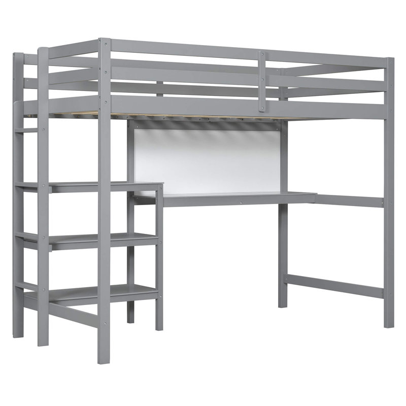 Lit mezzanine simple en bois avec tablettes, bureau et tableau d'écriture, Gris, Lit simple