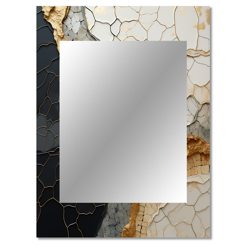 Black Gold Adorned Poteries VII - Abstract Spirals Unique Wall Mirror, Black Mirror, Printed Metal Art, 40" x 30"