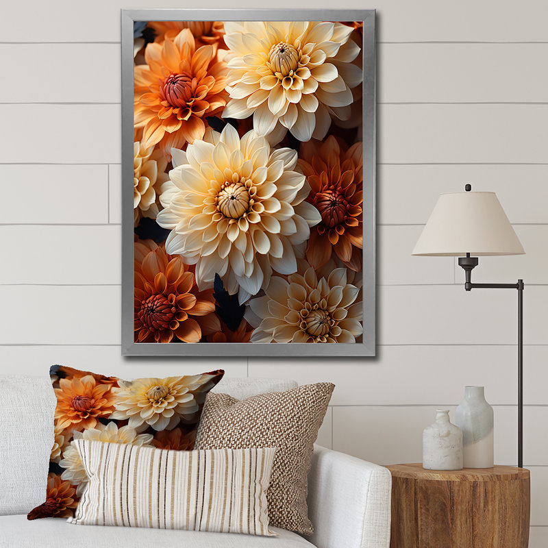 " Coral Orange Charming Chrysanthemums ", Silver Picture Framed, 44" H x 34" W x 1.5" D