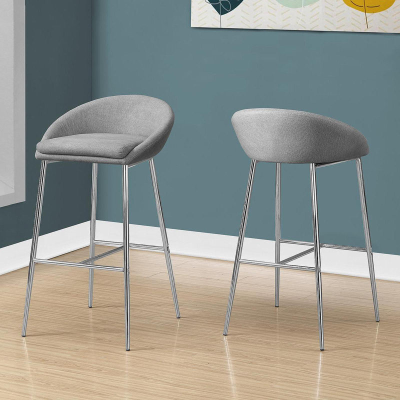 Bar Stool, Set Of 2, Bar Height, Chrome Metal, Grey Fabric, Contemporary, Modern, Grey, Bar Stool (30” Seat Height)